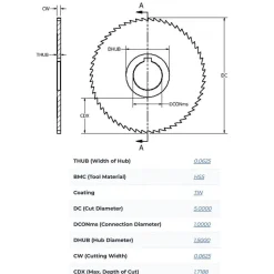 Slitting & Slotting Saw: 5" Dia, 1/16" Thick, 1" Arbor Hole, 44 Teeth, High Speed Steel