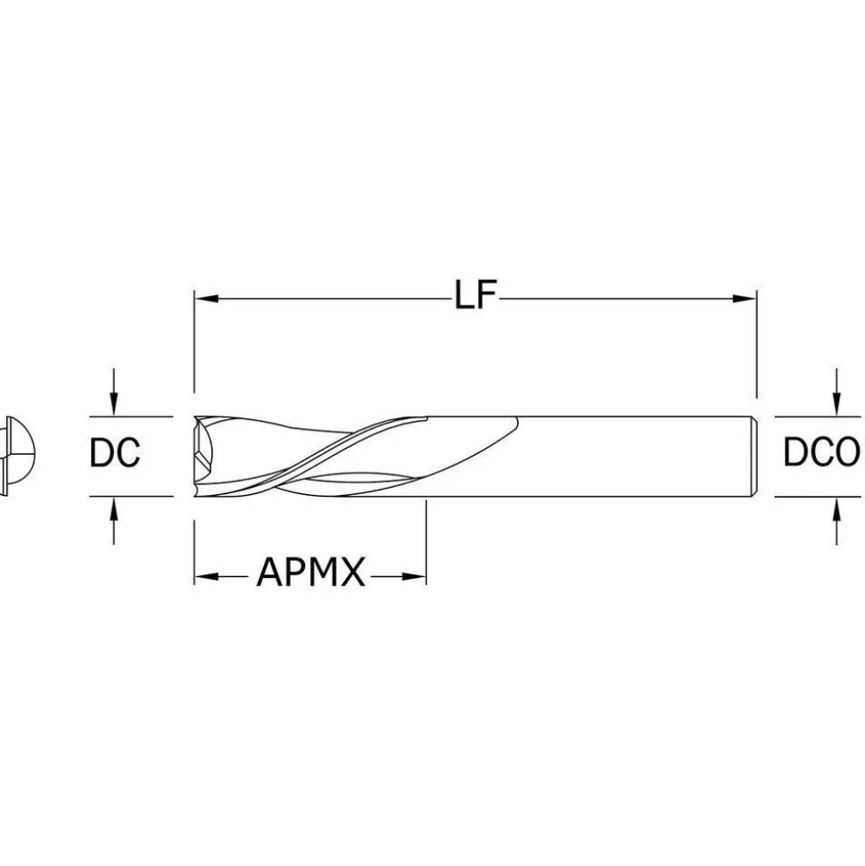 Spiral Router Bit: 1/4" Dia, 3/4" LOC, 1/4" Shank Dia, 2 Flute, Downcut