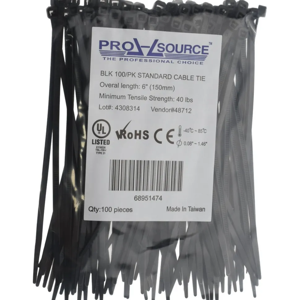 Standard Cable Tie: 6" Long, Black, Nylon