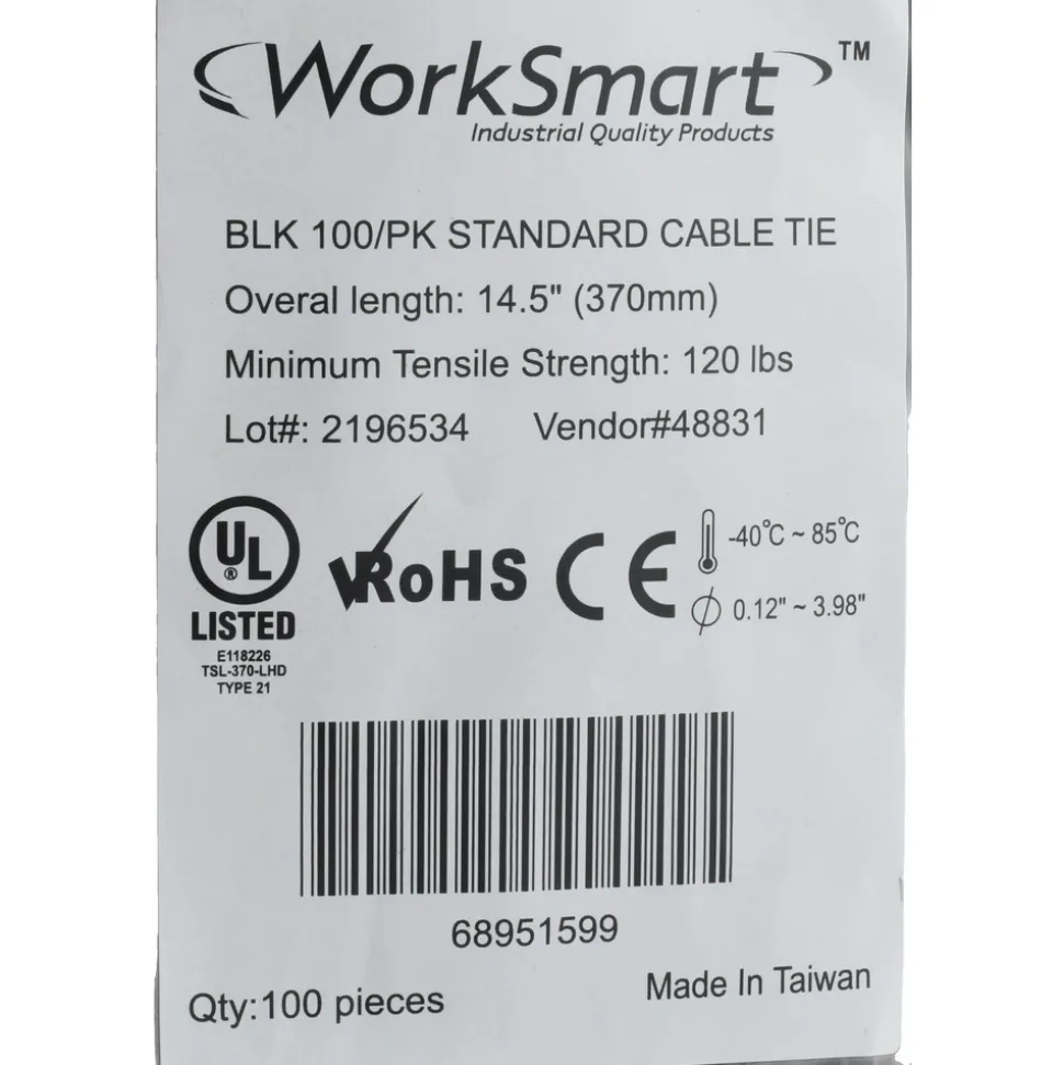 Standard Cable Tie: 14-1/2" Long, Black, Nylon