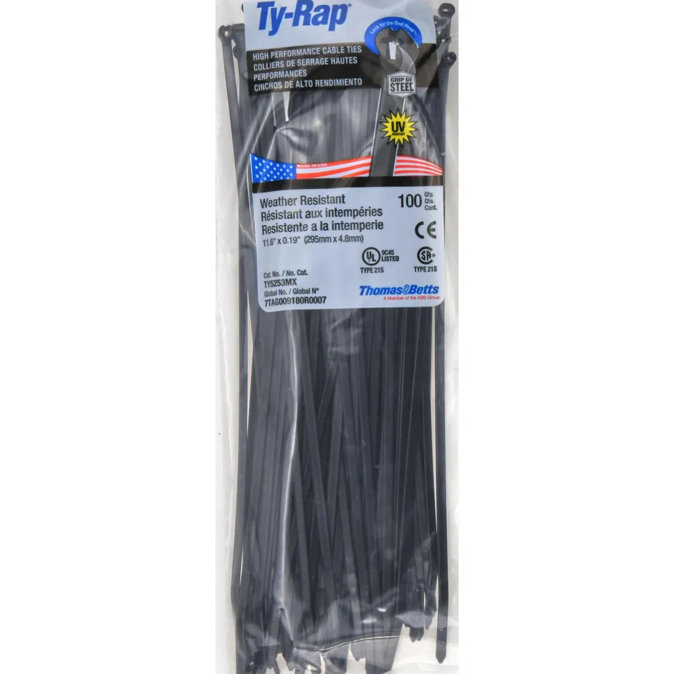 Standard Cable Tie: 11.6" Long, Black, Nylon