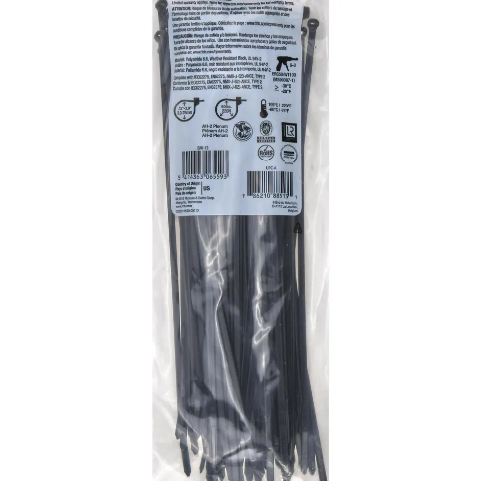 Standard Cable Tie: 11.6" Long, Black, Nylon