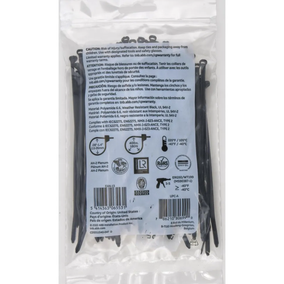 Standard Cable Tie: 5-1/2" Long, Black, Nylon