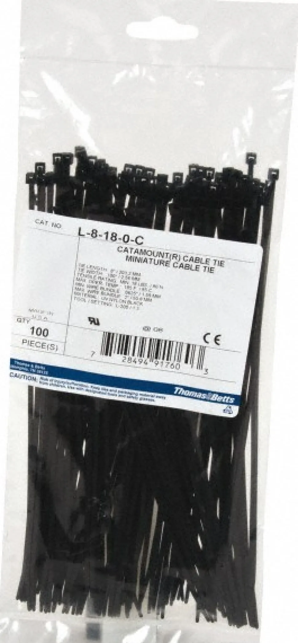 Standard Cable Tie: 8" Long, Black, Nylon