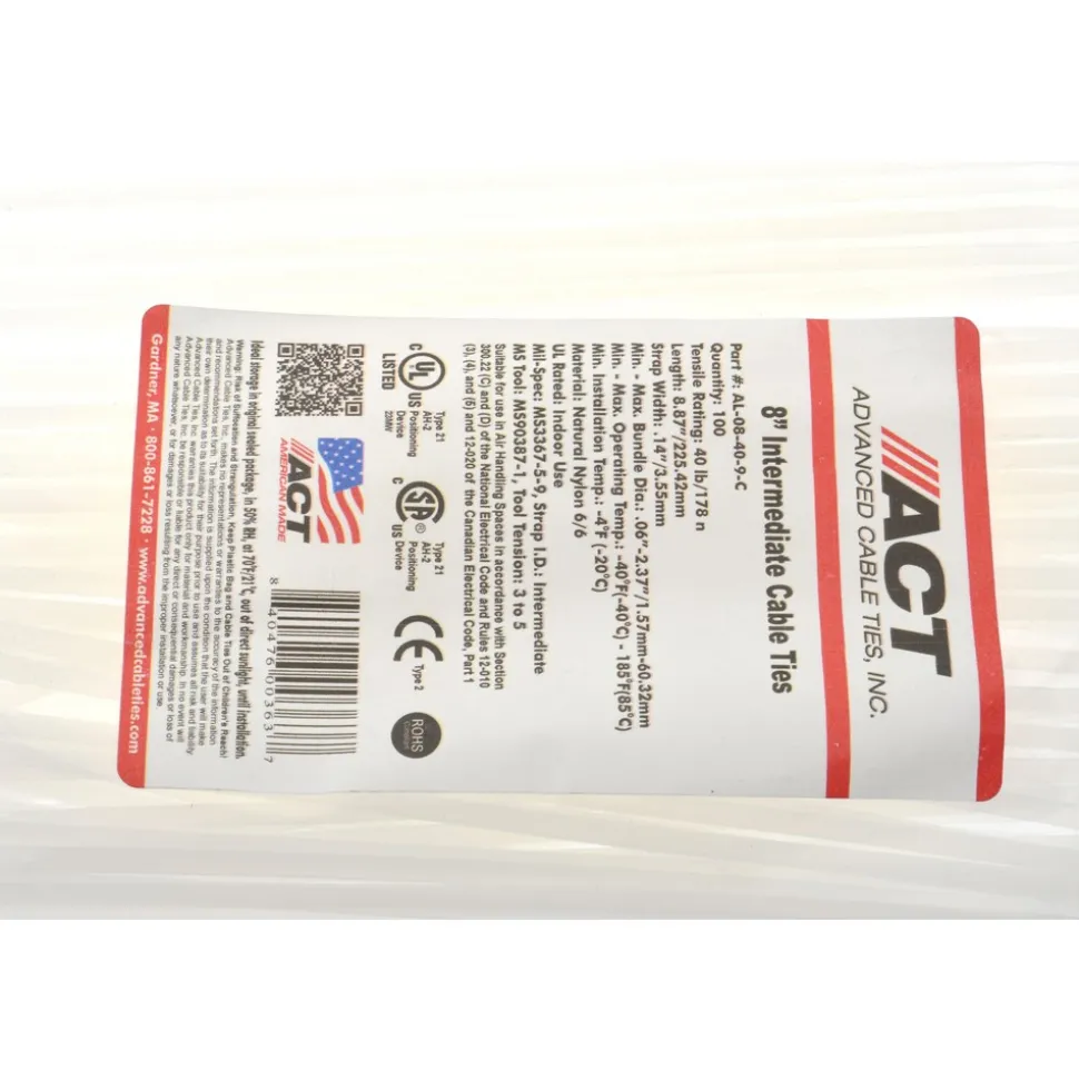 Standard Cable Tie: 8-7/8" Long, Natural, Nylon