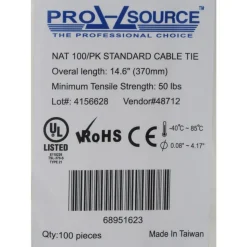 Standard Cable Tie: 14.6" Long, Natural, Nylon