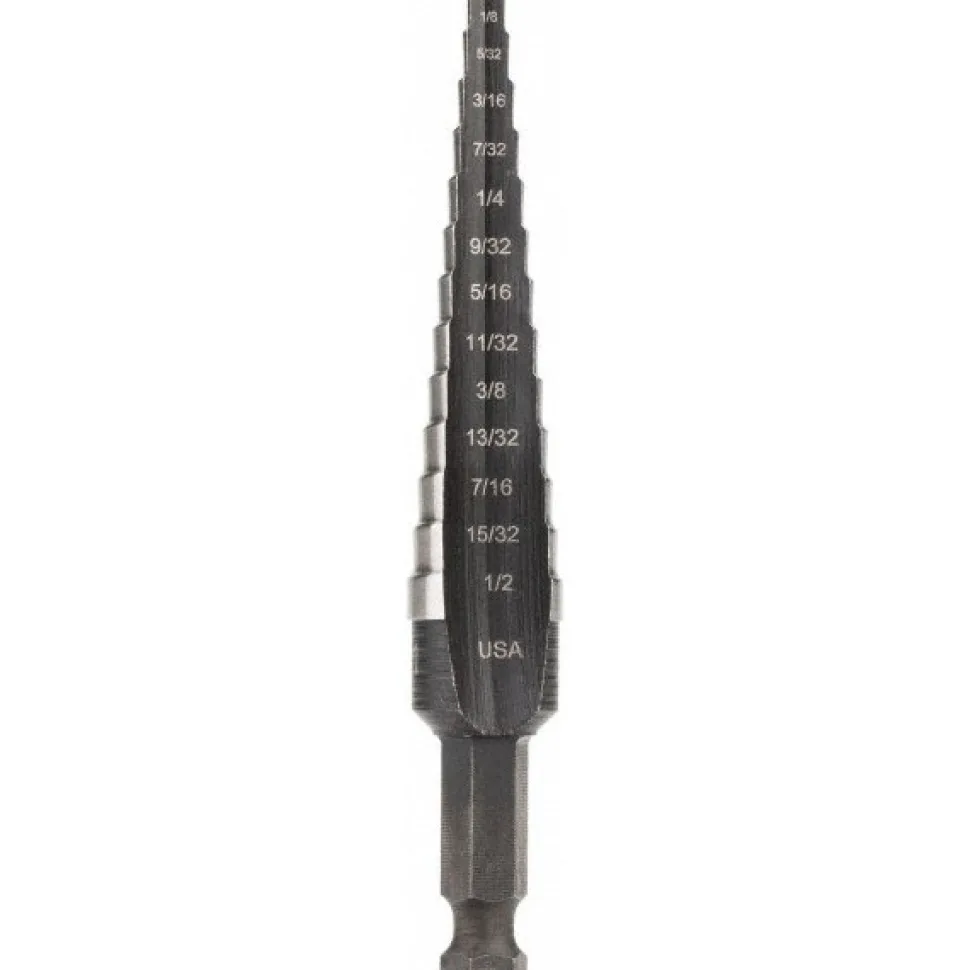 Step Drill Bit: 1/8" Min, 1/2" Max, 1/4" Shank Dia, High-Speed Steel, 13 Hole Sizes
