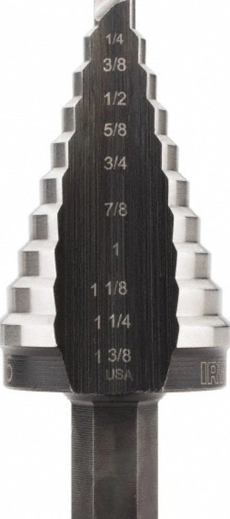 Step Drill Bit: 1/4" Min, 1-3/8" Max, 7/16" Shank Dia, High-Speed Steel, 10 Hole Sizes