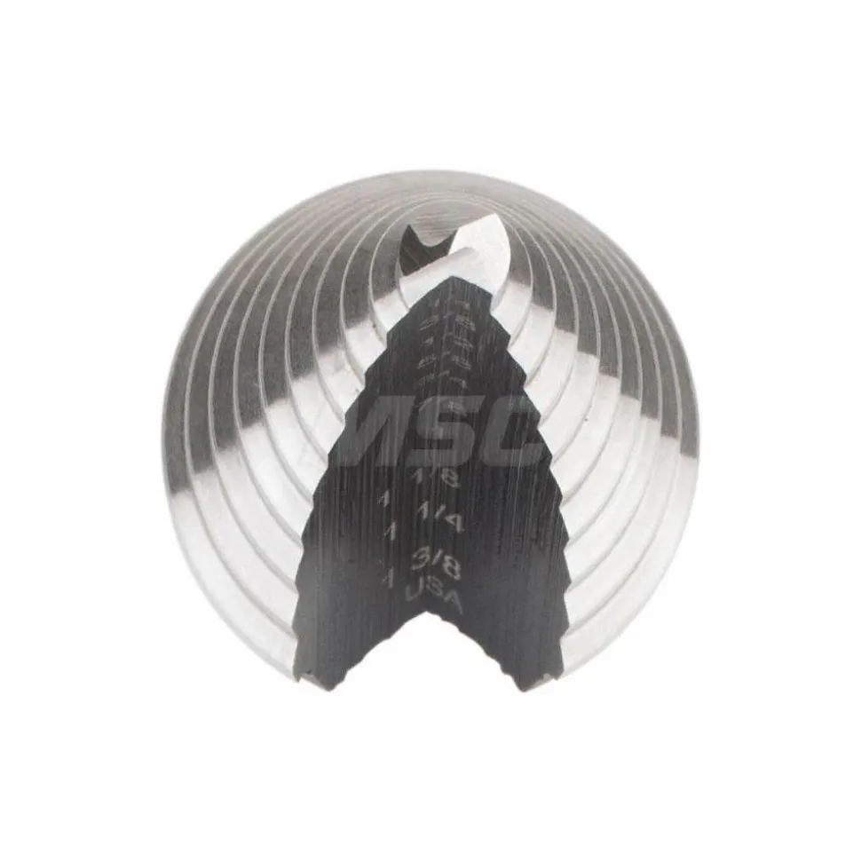 Step Drill Bit: 1/4" Min, 1-3/8" Max, 7/16" Shank Dia, High-Speed Steel, 10 Hole Sizes