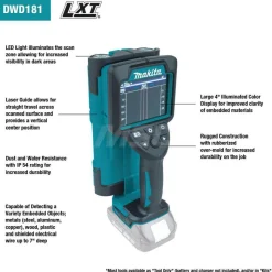 Stud Locators; Type: Cordless Multi-Surface Scanner Kit; Scan Depth (Inch): 7-1/16; Applications: Wet Concrete; Wood; For Scan Dry Concrete; Drywall & Hollow Block; Battery Type: 18V LXT Lithium-Ion; Additional Information: Overall Length: 12 in; Localization Accuracy: 3/16 in