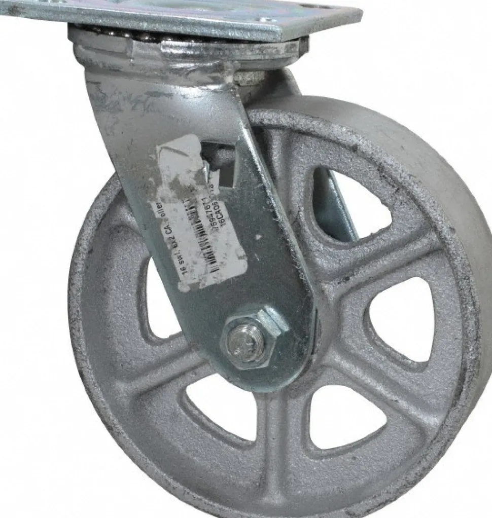 Swivel Top Plate Caster: Cast Iron, 6" Wheel Dia, 2" Wheel Width, 1,200 lb Capacity, 7-1/4" OAH