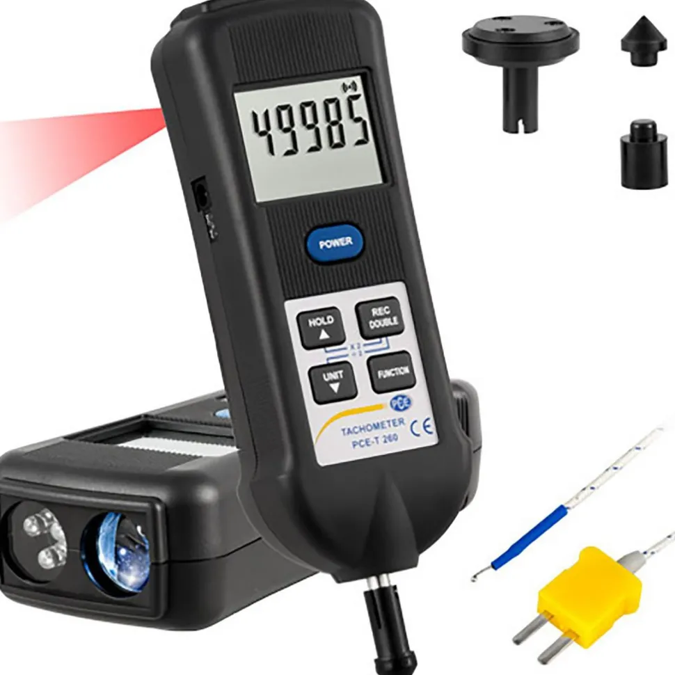 Tachometers; Tachometer Type: Digital Display; Photo/Contact Tachometer; Laser Tachometer; Non-Contact; Rotary Adapter; Contact; Minimum Measurement (RPM): 0.5 rpm; Maximum Measurement (RPM): 99999rpm; Minimum Target Distance: 50 mm; Maximum Target Distance: 150 mm; Accuracy (%): 3%
