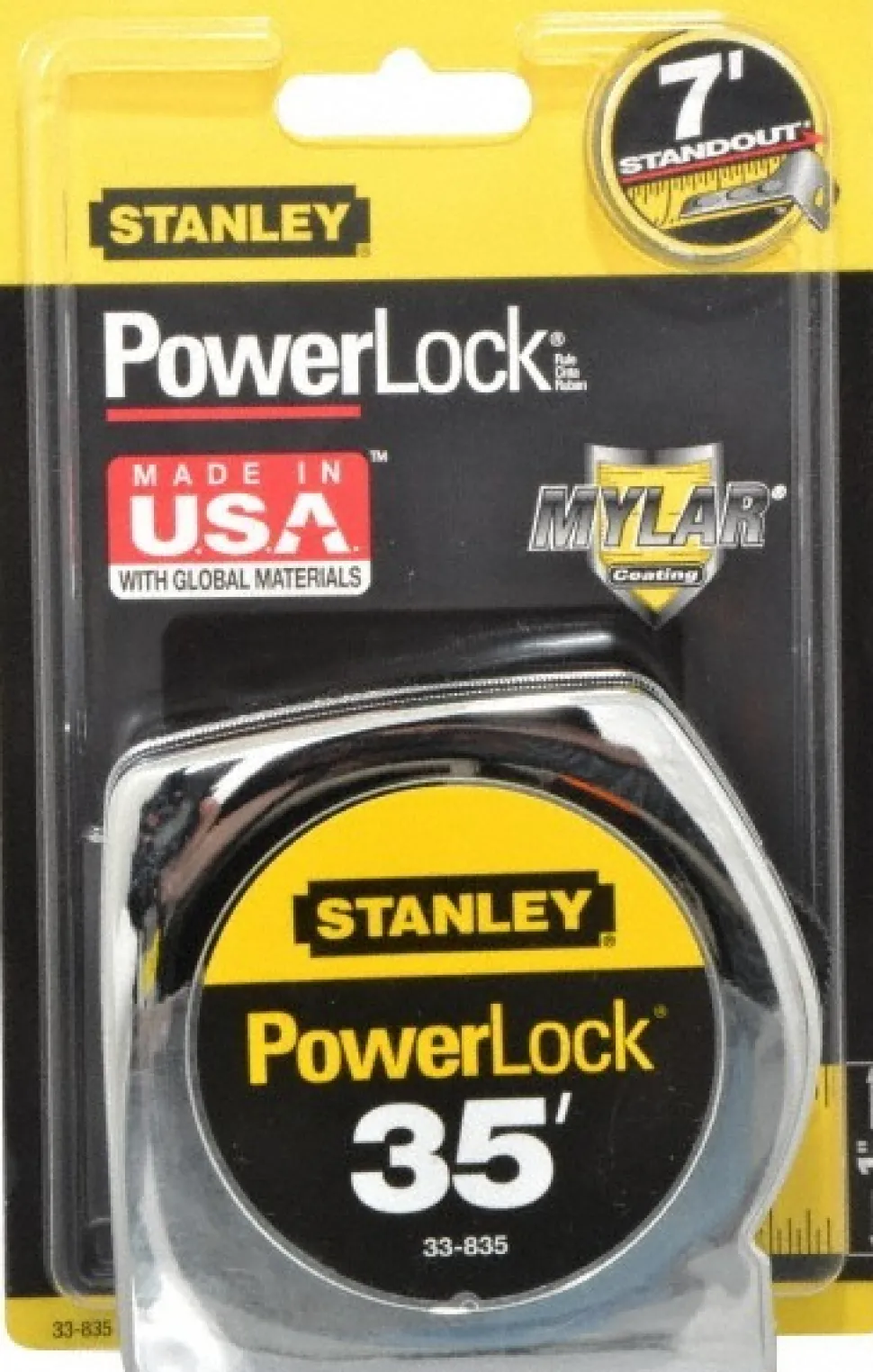 Tape Measure: 35' Long, 1" Width, Yellow Blade