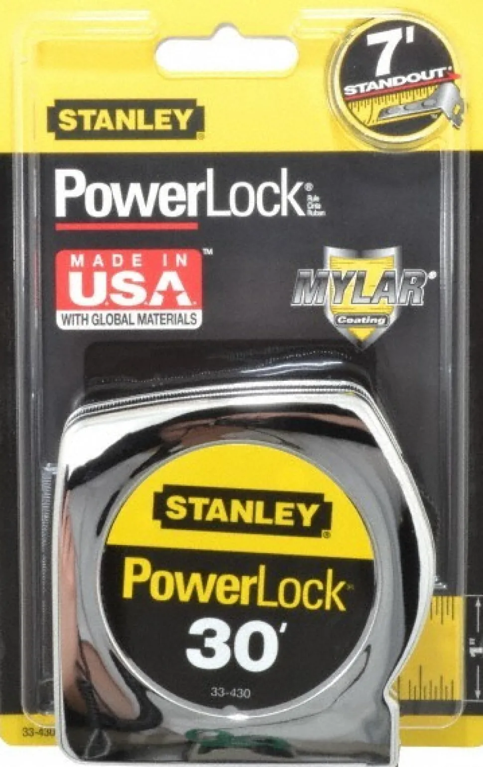 Tape Measure: 30' Long, 1" Width, Yellow Blade