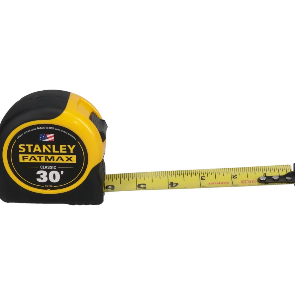 Tape Measure: 30' Long, 1-1/4" Width, Yellow Blade