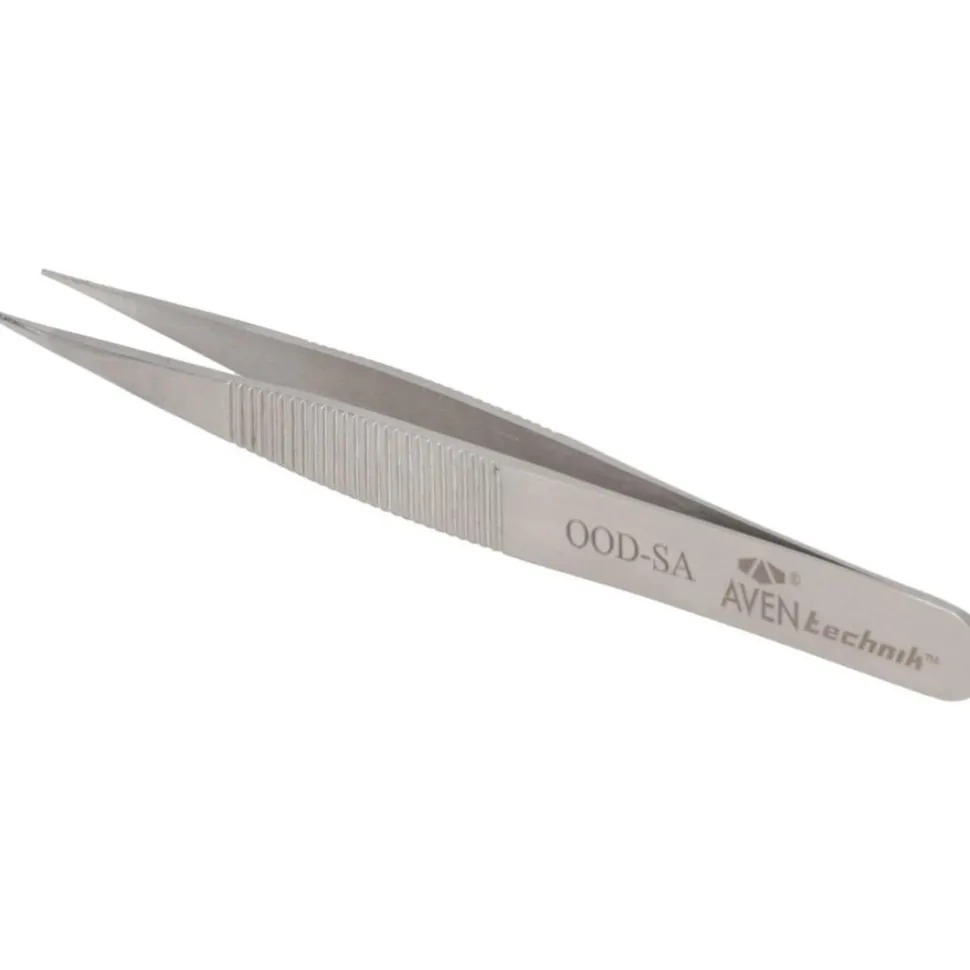 4.75" Tecknik Tweezers: Style OOD, Stainless Steel, Anti-Magnetic, Anti-Acid, Serrated, Strong, Pointed Tips