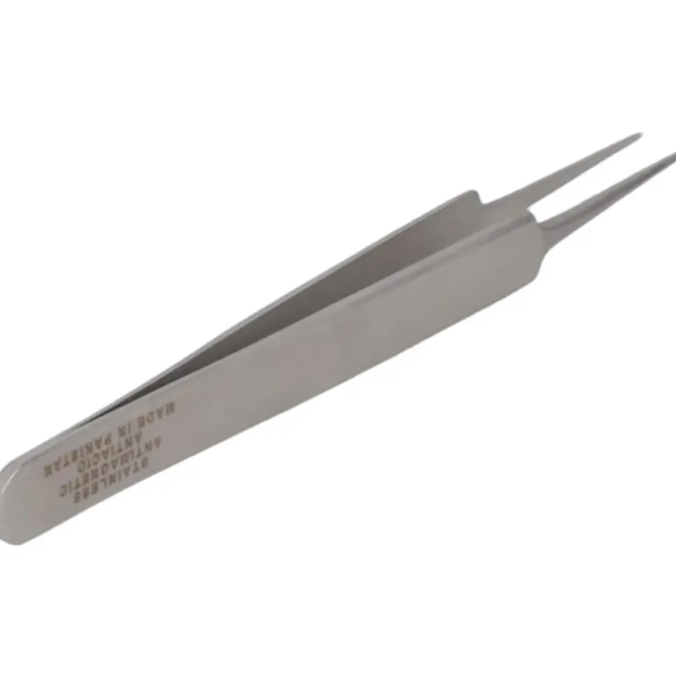 4.25" Tecknik Tweezers: Style 5, Stainless Steel, Anti-Magnetic, Anti-Acid. Very Fine Point