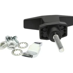 T-Handle without Lock Door Latch: 3-1/16" OAL, 3" OAW, 7/8" OAH, Die Cast Zinc & Steel, Black Powder Coated