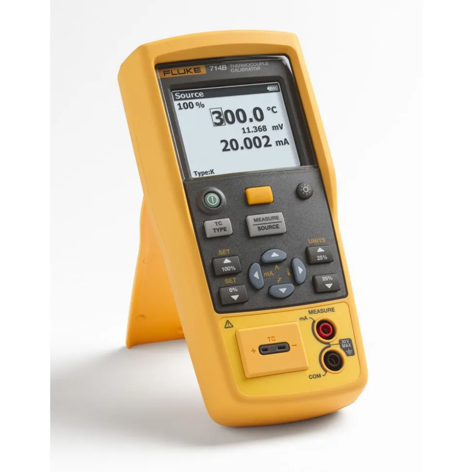 The Fluke 714B is a handheld, battery-operated instrument that measures and sources a variety of thermocouple types and millivolts. It can calibrate a linear thermocouple transmitter with the mV source function and also measure mA while sourcing temperature. It also provides linear ramp and 25% step auto ramp functionality based on 0% and 100% settings for performing quick, linearity checks. With the intelligent shutdown feature the Fluke 714B remembers settings when powered down so you can quickly replicate tests after powering back up. The calibrator also has one-year and two-year specifications, along with a traceable certificate of calibration. Combine that with its rugged construction, a backlit display, and easy to use interface and you have an ideal test tool for temperature calibration professionals who want a highly accurate, single-function thermocouple temperature calibrator.