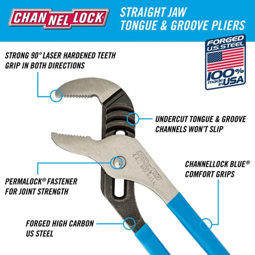 Tongue & Groove Plier: 2-1/4" Cutting Capacity, Standard Jaw