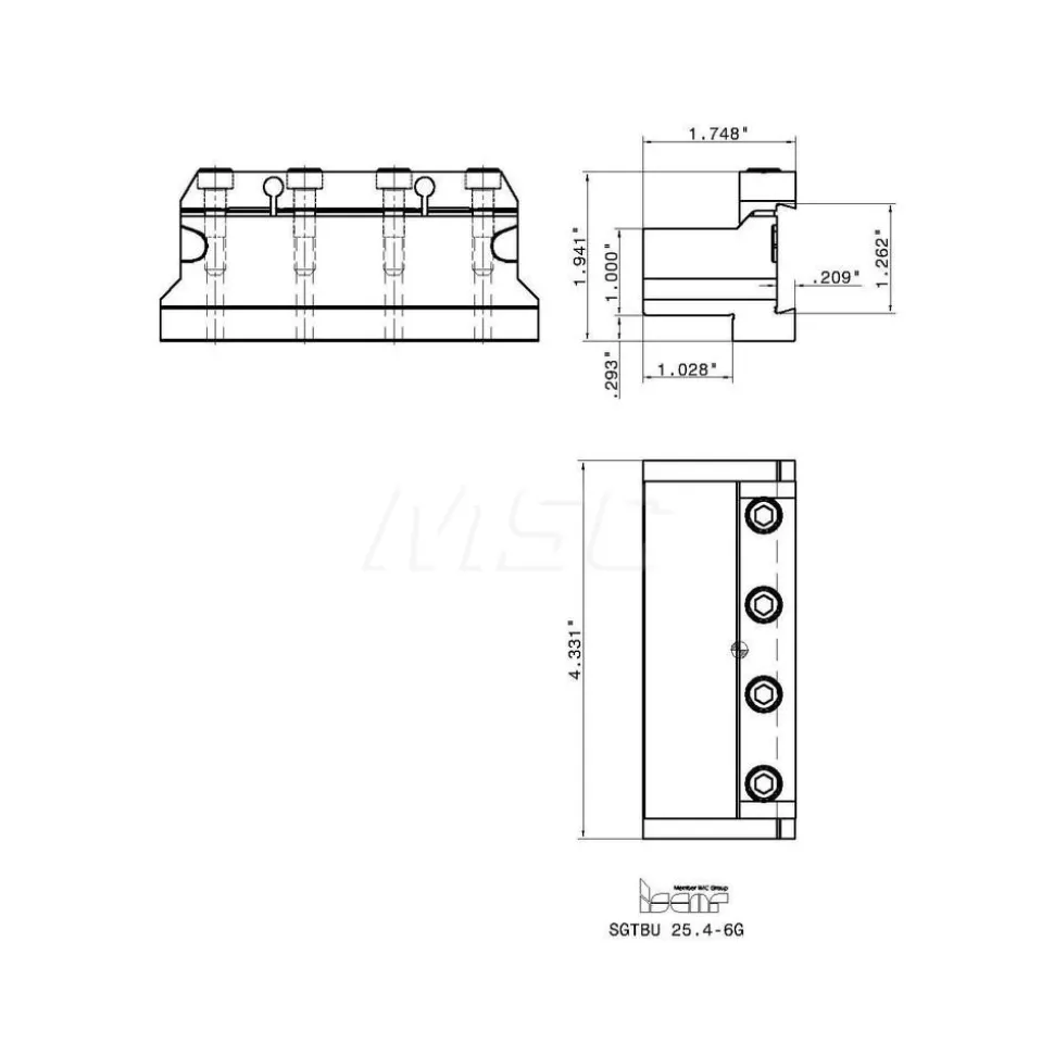 Tool Block Style SGTBU, 1.26" Blade Height, 4.33" OAL, 1.95"& OAH, Indexable Cutoff Blade Tool Block
