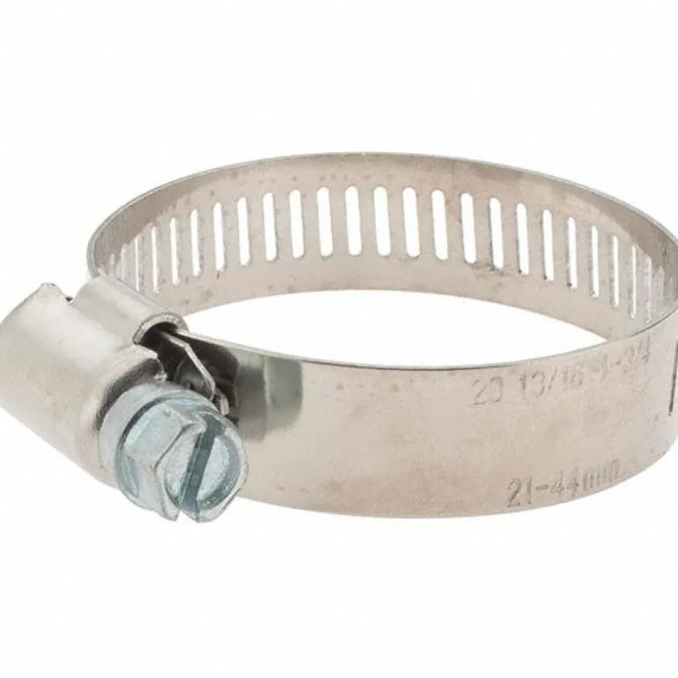 Worm Gear Clamp: Worm Drive, SAE 20, 13/16 to 1-3/4" Dia, Stainless Steel Band